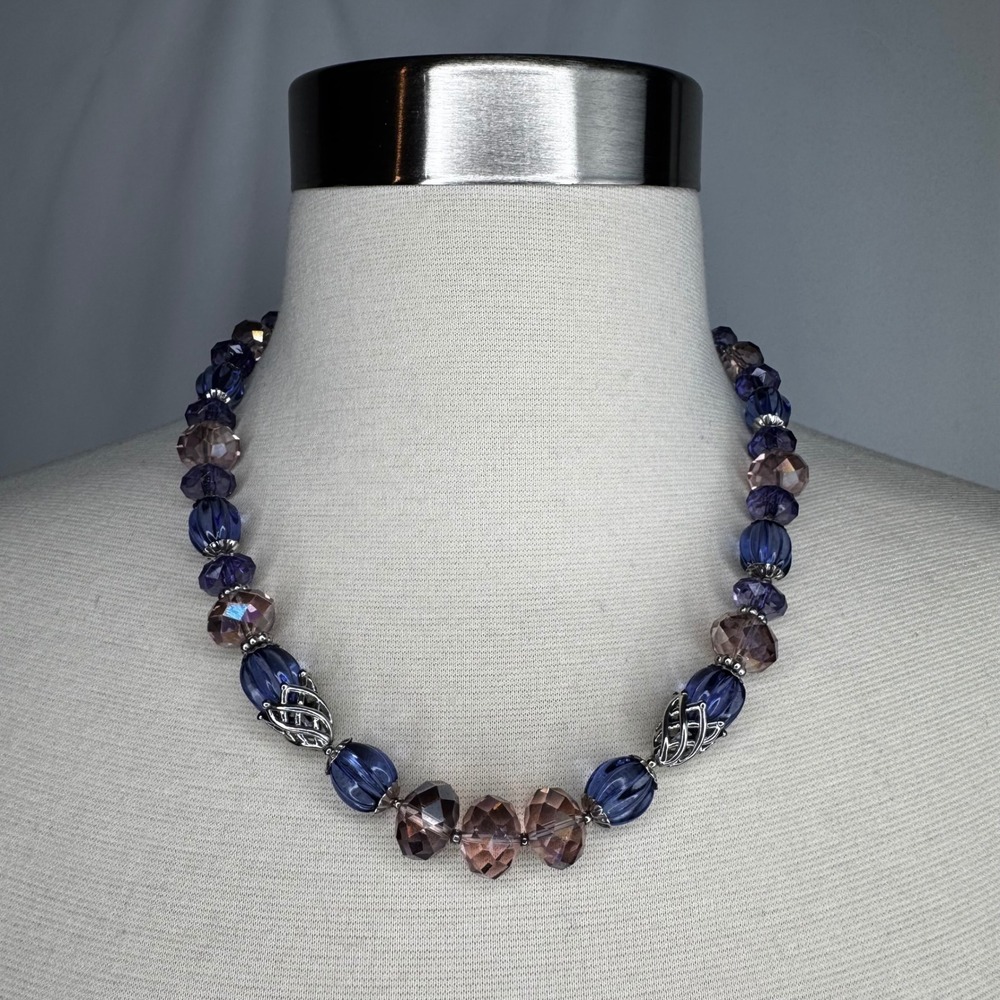 Purple Shiny Beaded Necklace 18" Silver Accents Adjustable Glam Party Formal